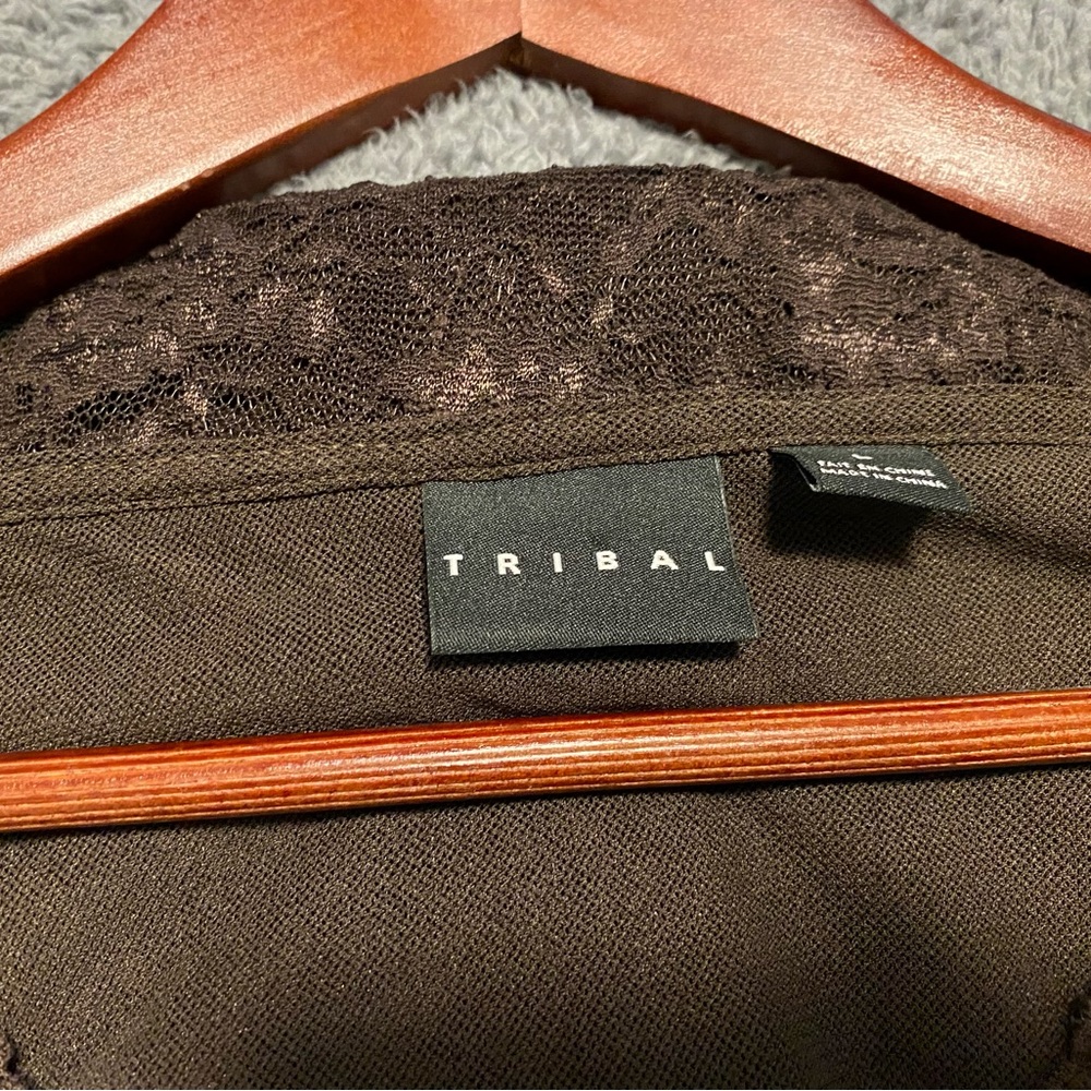Tribal Chocolate Brown Stretch Lace Long Sleeve Top - Picture 3 of 4